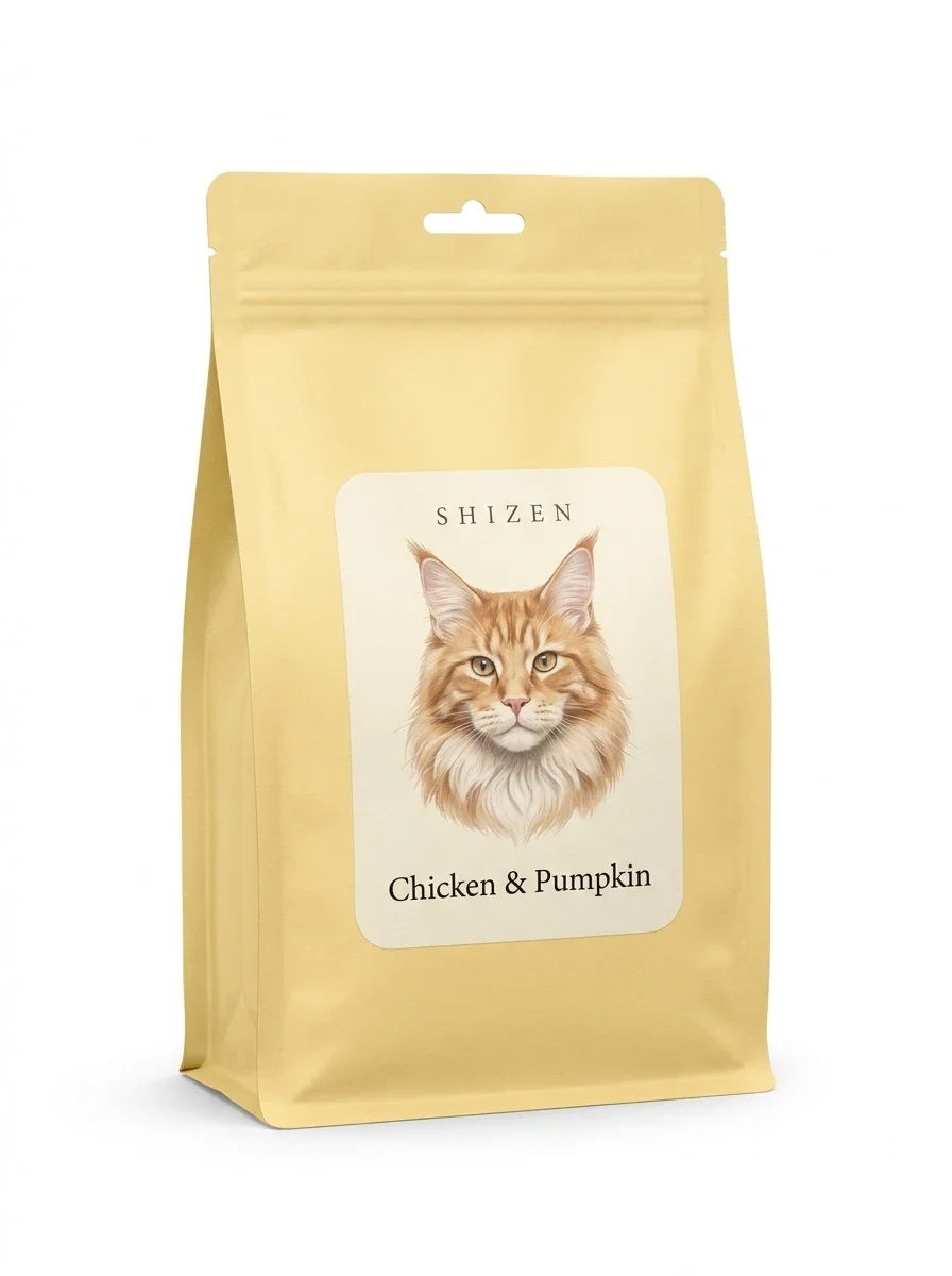 Shizen Chicken & Pumpkin cat food bag with a Maine Coon on the label