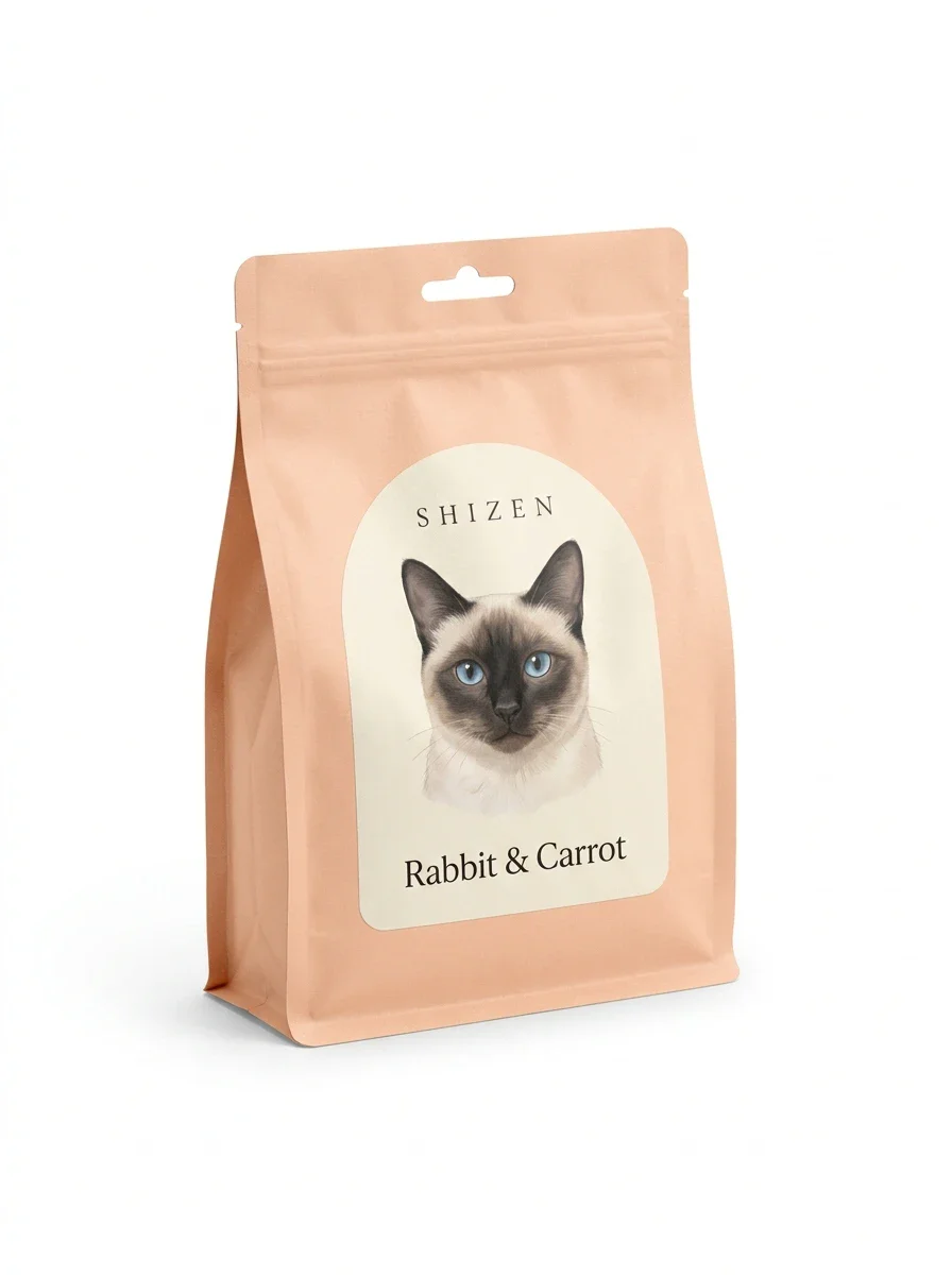 Shizen Rabbit & Carrot cat food bag with a Siamese on the label