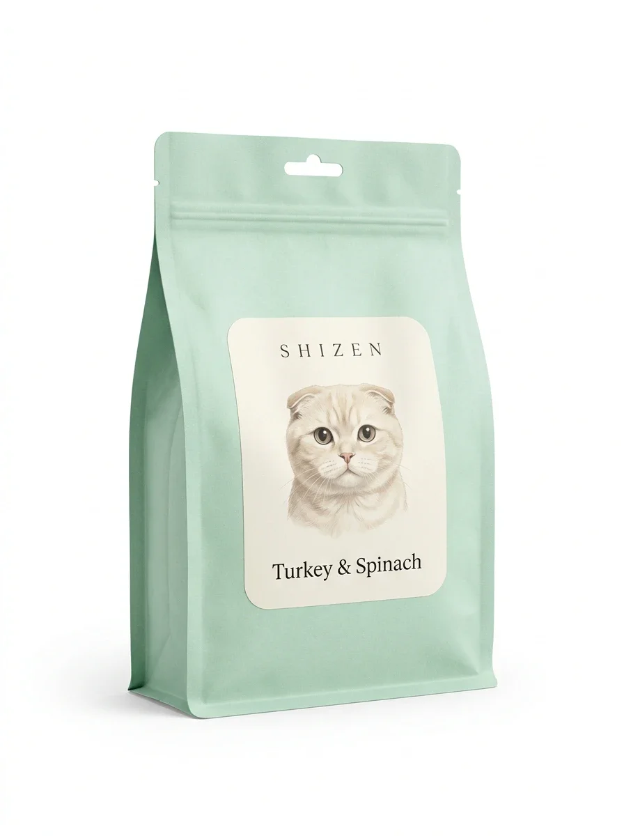 Shizen Turkey & Spinach cat food bag with a Scottish Fold on the label